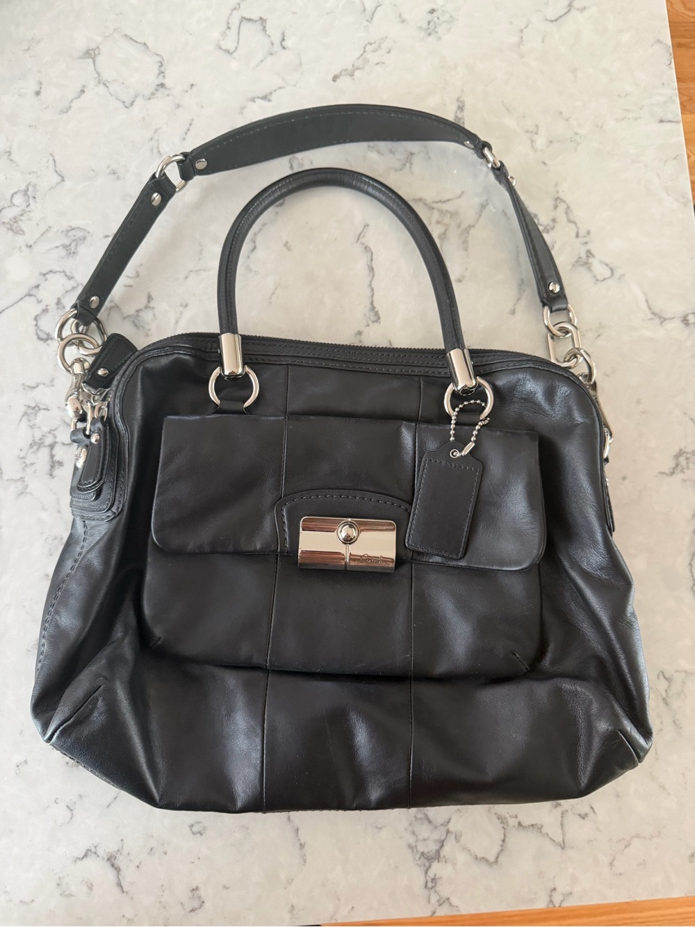 Coach Black Leather Satchel Handbag with Silver Hardware